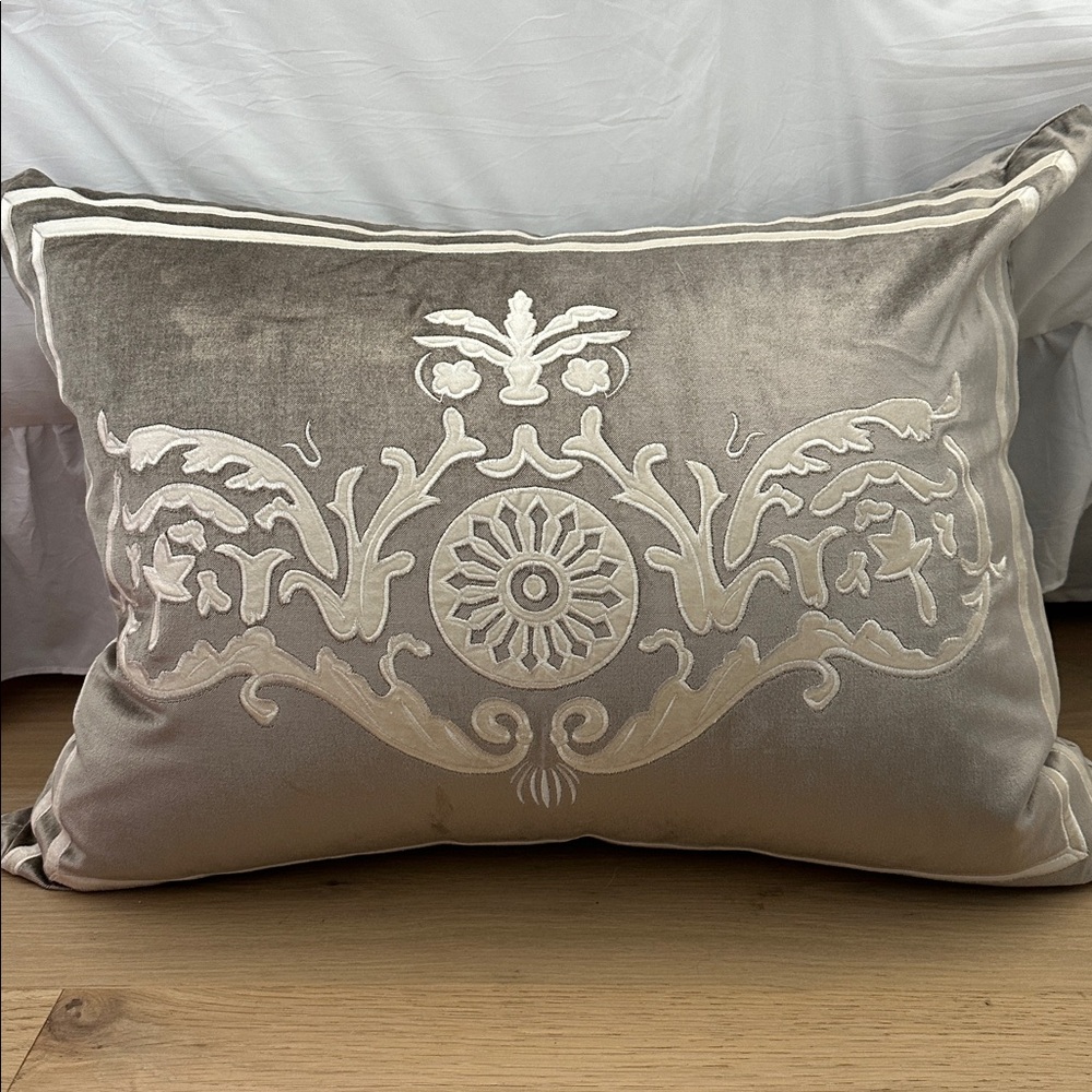 LILI ALESANDRA Silver and Ivory Embroidered Pillow. INCUDES feather down insert.